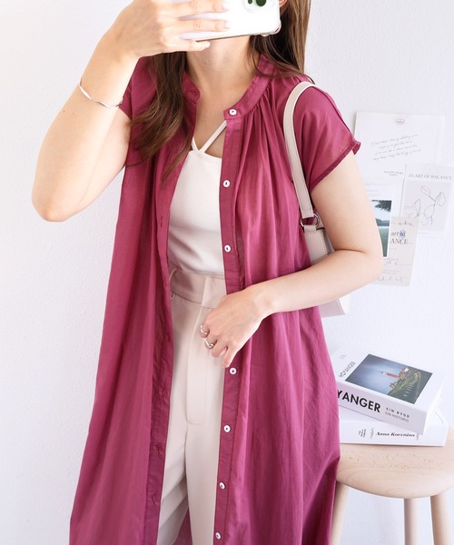 andme（アンドミー）の「コットンフレンチスリーブフレアシャツワンピース（シャツワンピース・レディース・ブラック/ネイビー/ピンク/バーガンディー/ミント/ライトブラウン/イエロー/オフホワイト/オレンジ/ライトグリーン/ラベンダー・M）」の10枚目の写真