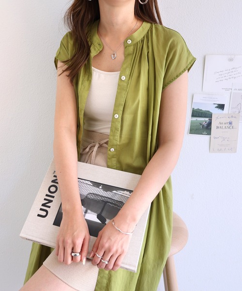 andme（アンドミー）の「コットンフレンチスリーブフレアシャツワンピース（シャツワンピース・レディース・ブラック/ネイビー/ピンク/バーガンディー/ミント/ライトブラウン/イエロー/オフホワイト/オレンジ/ライトグリーン/ラベンダー・M）」の5枚目の写真