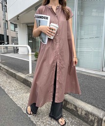 コットンフレンチスリーブフレアシャツワンピース
