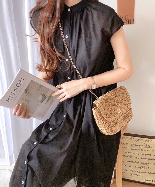 セール】コットンフレンチスリーブフレアシャツワンピース（シャツ