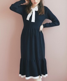 tocco closet | ボウタイりぼんリブニット切り替えバイカラーワンピース(ワンピース)