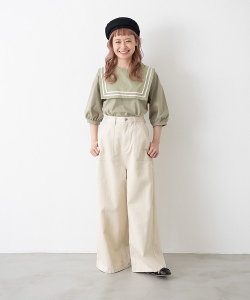 MERLOT（メルロー）の「ヘビーツイル＆デニムワイドパンツ（デニムパンツ・レディース・インディゴブルー/ナチュラル・FREE）」の7枚目の写真