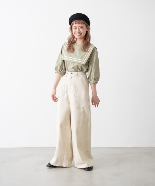 MERLOT（メルロー）の「ヘビーツイル＆デニムワイドパンツ（デニムパンツ・レディース・インディゴブルー/ナチュラル・FREE）」の4枚目の写真