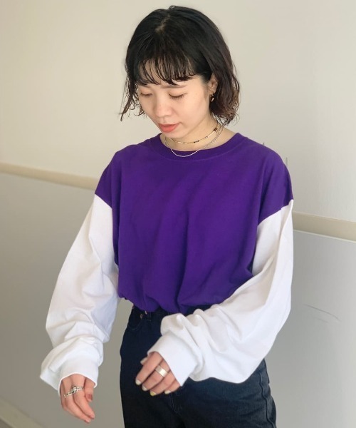 CIAOPANIC（チャオパニック）の「リメイク袖配色ビッグシルエットロングスリーブTシャツ/WEB限定（Tシャツ/カットソー・メンズ・ホワイト系その他/ホワイト×ブラック/ホワイト×グリーン/ホワイト×グレー/ホワイト×パープル/ホワイト×ピンク/ブラック系その他/ブラック×ホワイト/グレー/ベージュ系その他/ベージュ×ブラック/グリーン/パープル/ピンク・MEDIUM/LARGE/X-LARGE/XX-LARGE）」の13枚目の写真