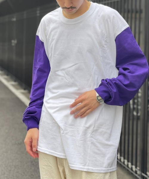 CIAOPANIC（チャオパニック）の「リメイク袖配色ビッグシルエットロングスリーブTシャツ/WEB限定（Tシャツ/カットソー・メンズ・ホワイト系その他/ホワイト×ブラック/ホワイト×グリーン/ホワイト×グレー/ホワイト×パープル/ホワイト×ピンク/ブラック系その他/ブラック×ホワイト/グレー/ベージュ系その他/ベージュ×ブラック/グリーン/パープル/ピンク・MEDIUM/LARGE/X-LARGE/XX-LARGE）」の6枚目の写真