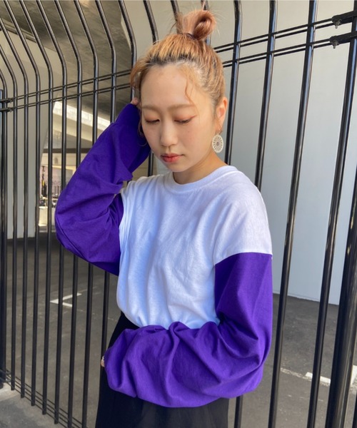 CIAOPANIC（チャオパニック）の「リメイク袖配色ビッグシルエットロングスリーブTシャツ/WEB限定（Tシャツ/カットソー・メンズ・ホワイト系その他/ホワイト×ブラック/ホワイト×グリーン/ホワイト×グレー/ホワイト×パープル/ホワイト×ピンク/ブラック系その他/ブラック×ホワイト/グレー/ベージュ系その他/ベージュ×ブラック/グリーン/パープル/ピンク・MEDIUM/LARGE/X-LARGE/XX-LARGE）」の16枚目の写真