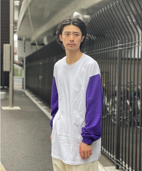CIAOPANIC（チャオパニック）の「リメイク袖配色ビッグシルエットロングスリーブTシャツ/WEB限定（Tシャツ/カットソー・メンズ・ホワイト系その他/ホワイト×ブラック/ホワイト×グリーン/ホワイト×グレー/ホワイト×パープル/ホワイト×ピンク/ブラック系その他/ブラック×ホワイト/グレー/ベージュ系その他/ベージュ×ブラック/グリーン/パープル/ピンク・MEDIUM/LARGE/X-LARGE/XX-LARGE）」の15枚目の写真