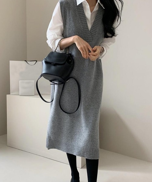 Girly Doll(ガーリードール)の「ジレニットワンピース(ワンピース・レディース・グレー/モカ・F)」の4枚目の写真