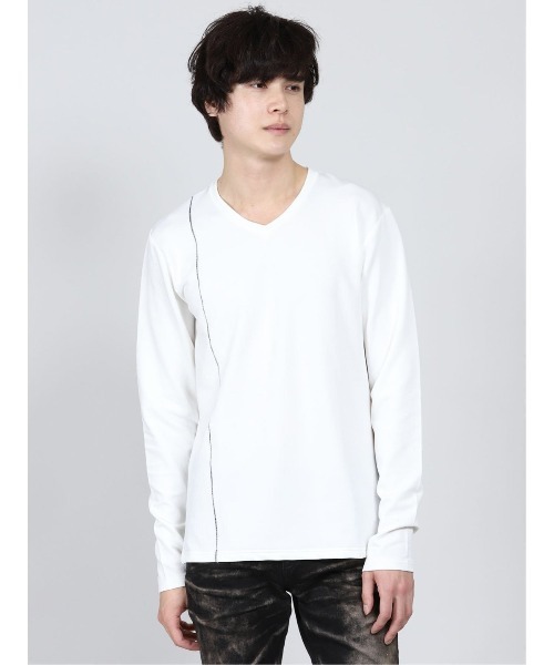 semantic design（セマンティックデザイン）の「セマンティックデザイン/semantic design ハイストレッチ ジャガードVネック長袖Tシャツ（Tシャツ/カットソー・メンズ・ホワイト/ホワイト×ブラック・MEDIUM/LARGE/X-LARGE/S）」の2枚目の写真