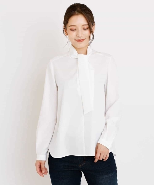 MK MICHEL KLEIN（エムケーミッシェルクラン）の「【洗える】パウダリーシフォン ボウタイブラウス（シャツ/ブラウス・レディース・ホワイト/ライトブルー/ベージュ・38）」の4枚目の写真