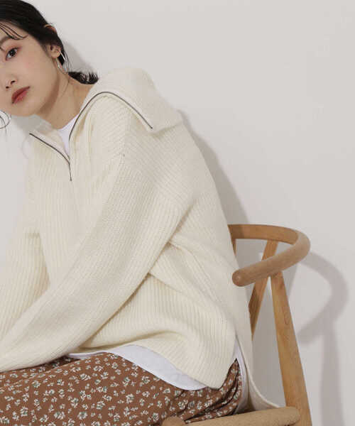 NATURAL BEAUTY BASIC(ナチュラルビューティーベーシック)の「ハーフジップアップニット(ニット/セーター・レディース・オレンジ/ネイビー/オフホワイト・MEDIUM)」の5枚目の写真