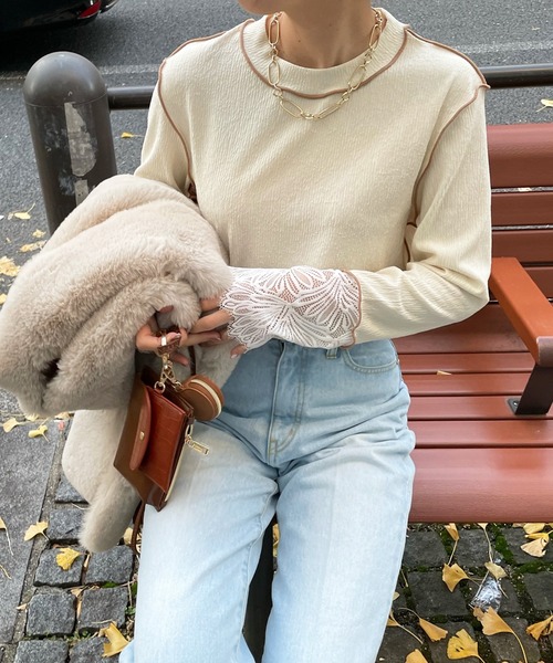 DouDou（ドゥドゥ）の「レース切替メロープルオーバー（Tシャツ/カットソー・レディース・ブラック/アイボリー/ベージュ・FREE）」の12枚目の写真