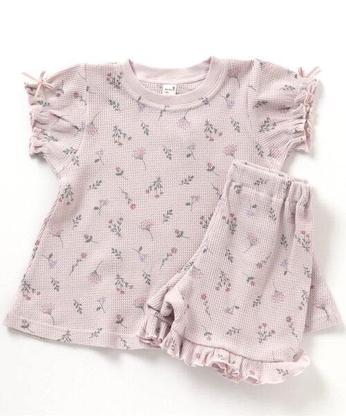 apres les cours(アプレレクール)の「ワッフルパジャマ 5分丈(ボタニカル柄・さくらんぼ柄)(ルームウェア/パジャマ・キッズ・キナリ/アイボリー/ラベンダー/ピンク・100/80/90/110/120/130)」の1枚目の写真