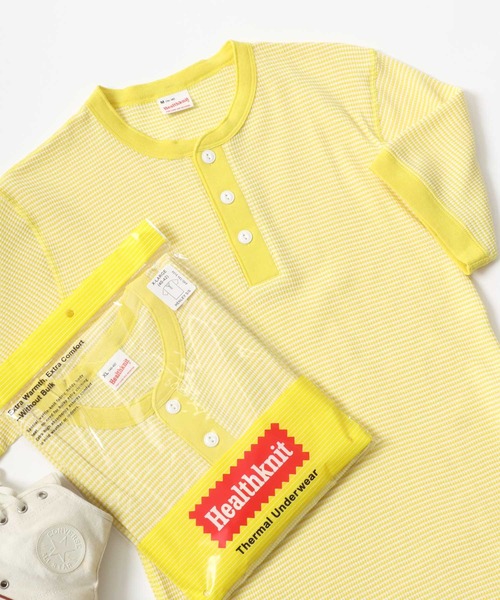 Healthknit（ヘルスニット）の「Healthknit（ヘルスニット）ヘンリーネック ワッフル半袖Tシャツ/ユニセックス/無地・ボーダーリンガーT/1P/パックT（Tシャツ/カットソー・レディース・オフホワイト/レッド系その他/ブラック/ブルー系その他/ネイビー×ホワイト/ブラック×ホワイト/グレー系その他/グレー/チャコールグレー/ブラウン系その他/グリーン系その他/イエロー系その他/ピンク・L/M/XL）」の11枚目の写真