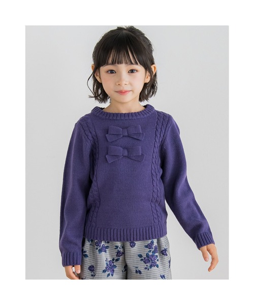 BeBe(ベベ)の「BeBe/リボン付きケーブル編みニット(100~150cm)(ニット/セーター・キッズ・レッド/パープル・110/130/100/150/140/120)」の6枚目の写真