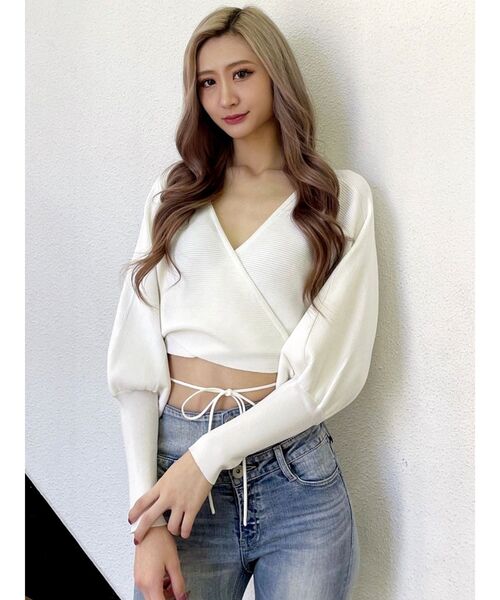 GYDA(ジェイダ)の「2WAYカシュクールリブニットトップス(ニット/セーター・レディース・ブラック/オフホワイト・FREE)」の4枚目の写真