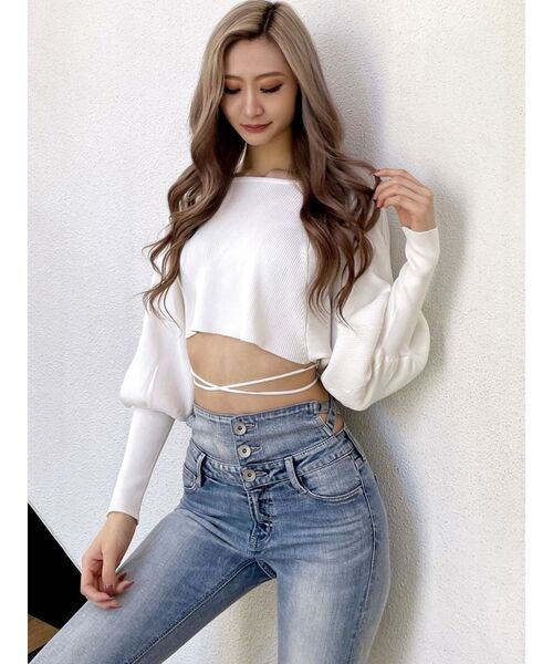 GYDA(ジェイダ)の「2WAYカシュクールリブニットトップス(ニット/セーター・レディース・ブラック/オフホワイト・FREE)」の6枚目の写真