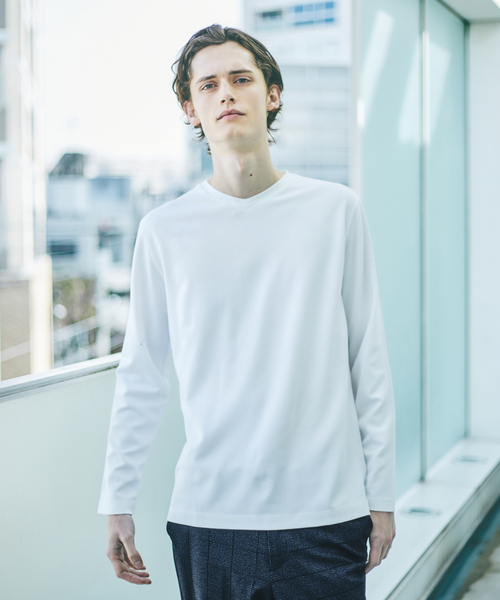 ABAHOUSE GRAY(アバハウスグレイ)の「【Vネック】ポンチ 長袖 Tシャツ(Tシャツ/カットソー・メンズ・ホワイト/ライトグレー/ブラック/ネイビー・46/48)」の2枚目の写真