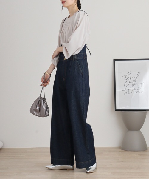 atONE(アットワン)の「atONE デニムハイウェストサスペンダーワイドパンツ(デニムパンツ・レディース・ワンウォッシュ/ネイビー/ブラック系その他・M/LL/L/4L/3L)」の9枚目の写真