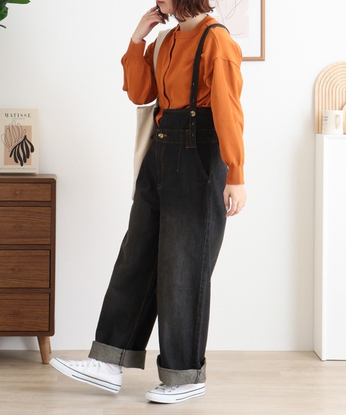 atONE(アットワン)の「atONE デニムハイウェストサスペンダーワイドパンツ(デニムパンツ・レディース・ワンウォッシュ/ネイビー/ブラック系その他・M/LL/L/4L/3L)」の14枚目の写真