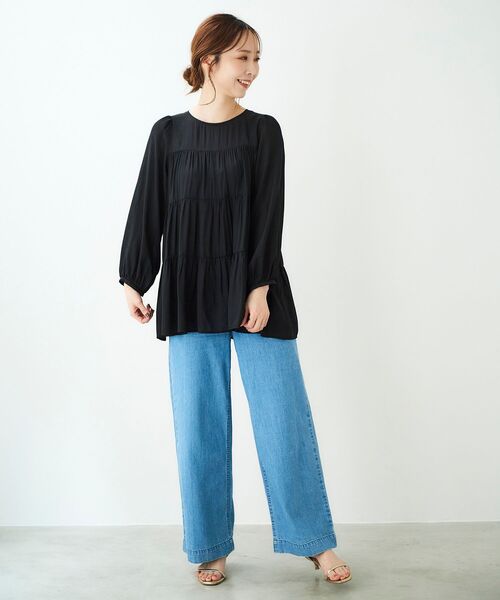 le.coeur blanc（ルクールブラン）の「ドビーストライプティアードブラウス（シャツ/ブラウス・レディース・ブラック/オリーブ/アイボリー・38）」の8枚目の写真