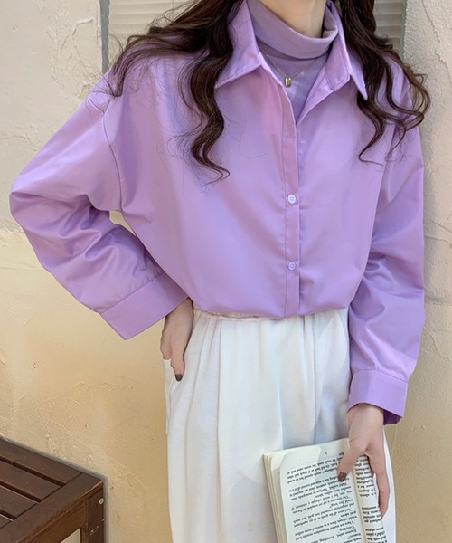 Girly Doll（ガーリードール）の「オーバーサイズカラーシャツ（シャツ/ブラウス・レディース・ブルーグレー/ライトブルー/グリーン/ピンク/ブラウン/ホワイト/ブルーパープル/オレンジ/モカ/パープル/イエロー/ベージュ/ダークブルー・F）」の9枚目の写真