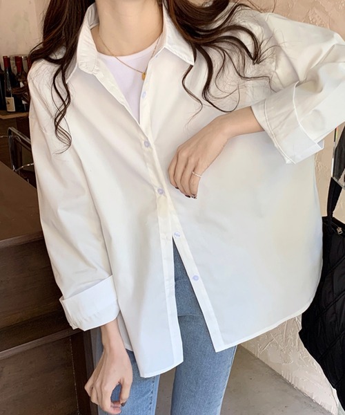 Girly Doll（ガーリードール）の「オーバーサイズカラーシャツ（シャツ/ブラウス・レディース・ブルーグレー/ライトブルー/グリーン/ピンク/ブラウン/ホワイト/ブルーパープル/オレンジ/モカ/パープル/イエロー/ベージュ/ダークブルー・F）」の18枚目の写真