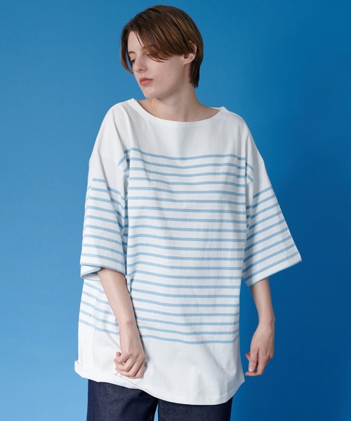 ONCILY(オンシェリー)の「PANEL BORDER BASQUE SHIRT / パネルボーダーバスクシャツ(Tシャツ/カットソー・メンズ・ライトブルー/ライトピンク/ネイビー・SMALL/LARGE/MEDIUM)」の14枚目の写真