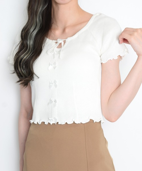 Flowering Korea(フラワーリングコリア)の「スクエアネックリボントップス(Tシャツ/カットソー・レディース・ブラック/ライトブルー/グリーン/ホワイト/パープル/イエロー・FREE)」の2枚目の写真