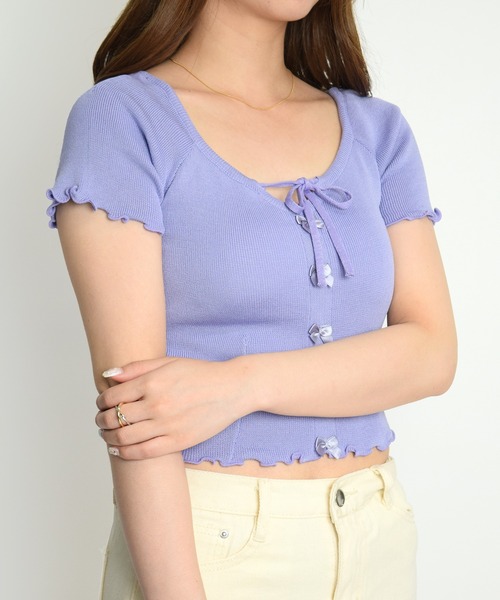 Flowering Korea(フラワーリングコリア)の「スクエアネックリボントップス(Tシャツ/カットソー・レディース・ブラック/ライトブルー/グリーン/ホワイト/パープル/イエロー・FREE)」の11枚目の写真