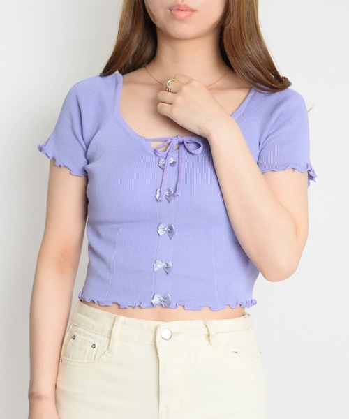 Flowering Korea(フラワーリングコリア)の「スクエアネックリボントップス(Tシャツ/カットソー・レディース・ブラック/ライトブルー/グリーン/ホワイト/パープル/イエロー・FREE)」の10枚目の写真