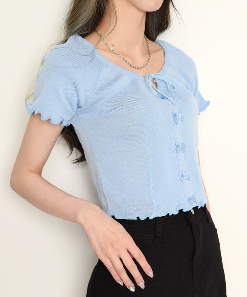 Flowering Korea(フラワーリングコリア)の「スクエアネックリボントップス(Tシャツ/カットソー・レディース・ブラック/ライトブルー/グリーン/ホワイト/パープル/イエロー・FREE)」の20枚目の写真