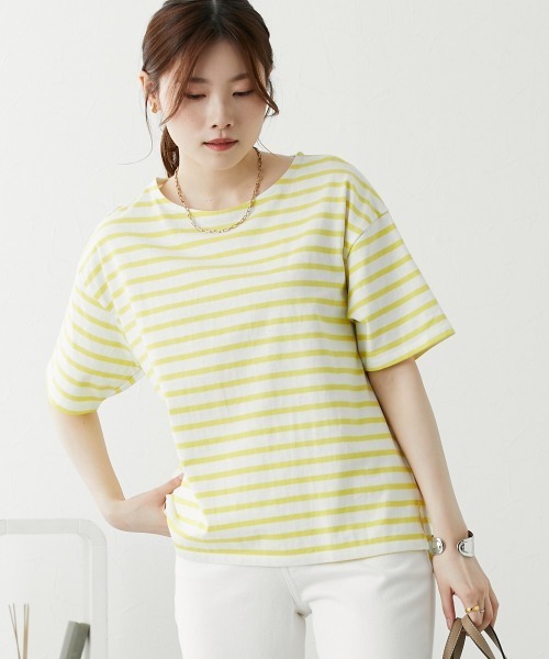nissen(ニッセン)の「ボーダーTシャツ【丈夫でよれにくい・UVカット】(Tシャツ/カットソー・レディース・ピンク/イエロー/サックスブルー/ネイビー・L/LL/M)」の8枚目の写真