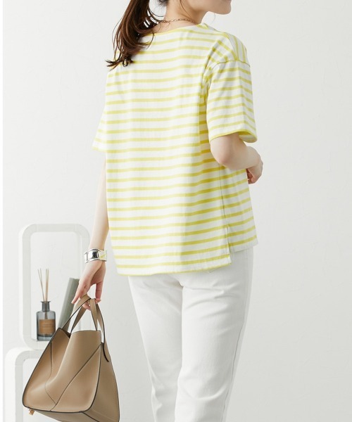 nissen(ニッセン)の「ボーダーTシャツ【丈夫でよれにくい・UVカット】(Tシャツ/カットソー・レディース・ピンク/イエロー/サックスブルー/ネイビー・L/LL/M)」の6枚目の写真
