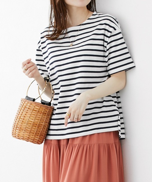 nissen(ニッセン)の「ボーダーTシャツ【丈夫でよれにくい・UVカット】(Tシャツ/カットソー・レディース・ピンク/イエロー/サックスブルー/ネイビー・L/LL/M)」の9枚目の写真