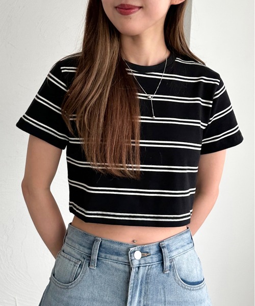 apres jour mignon(アプレジュールミニョン)の「マルチボーダーショートTシャツ【ZOZOTOWN限定アイテム】(Tシャツ/カットソー・レディース・オフホワイト/ブラック/アイボリー・X-LARGE/フリー)」の13枚目の写真