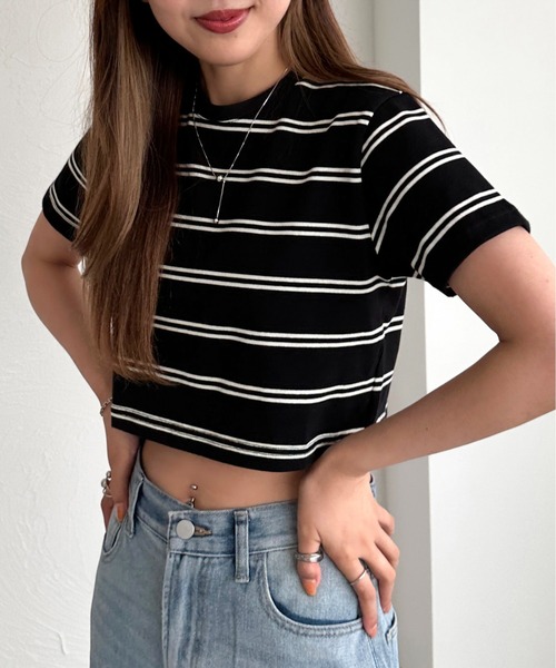 apres jour mignon(アプレジュールミニョン)の「マルチボーダーショートTシャツ【ZOZOTOWN限定アイテム】(Tシャツ/カットソー・レディース・オフホワイト/ブラック/アイボリー・X-LARGE/フリー)」の11枚目の写真