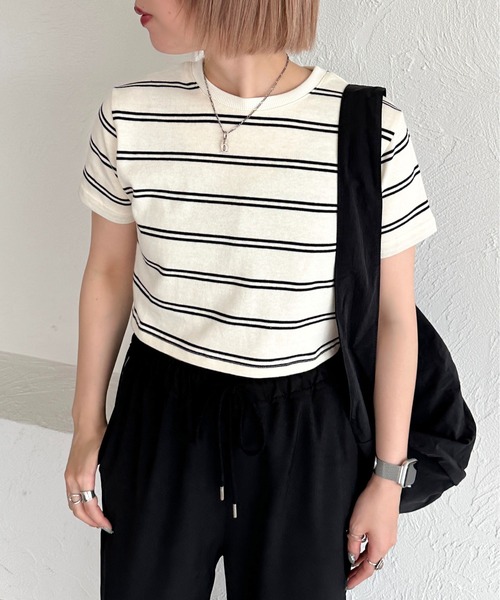 apres jour mignon(アプレジュールミニョン)の「マルチボーダーショートTシャツ【ZOZOTOWN限定アイテム】(Tシャツ/カットソー・レディース・オフホワイト/ブラック/アイボリー・X-LARGE/フリー)」の18枚目の写真