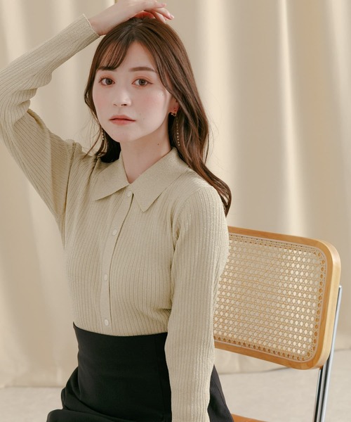 HEYUMM（ヘユム）の「ラメニットコンパクトカーディガン（カーディガン/ボレロ・レディース・グリーン/ベージュ/グレー・ONE）」の4枚目の写真