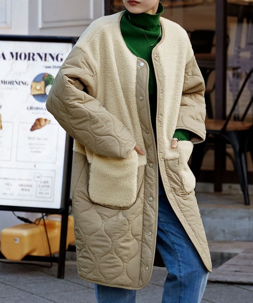 etoll.（エトル）の「ノーカラーボア切替キルトコート（ノーカラーコート・レディース・ベージュ/ブラック/カーキ/アイボリー・M/L）」の11枚目の写真