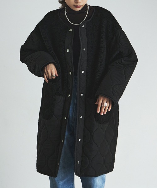 etoll.（エトル）の「ノーカラーボア切替キルトコート（ノーカラーコート・レディース・ベージュ/ブラック/カーキ/アイボリー・M/L）」の5枚目の写真