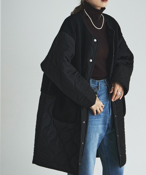 etoll.（エトル）の「ノーカラーボア切替キルトコート（ノーカラーコート・レディース・ベージュ/ブラック/カーキ/アイボリー・M/L）」の6枚目の写真