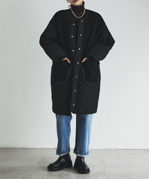 etoll.（エトル）の「ノーカラーボア切替キルトコート（ノーカラーコート・レディース・ベージュ/ブラック/カーキ/アイボリー・M/L）」の9枚目の写真