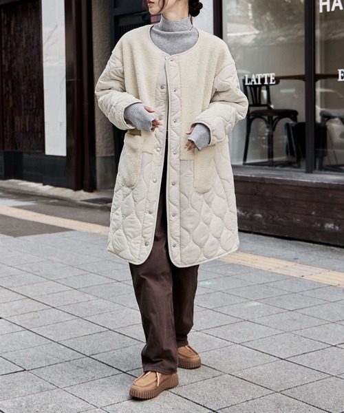 etoll.（エトル）の「ノーカラーボア切替キルトコート（ノーカラーコート・レディース・ベージュ/ブラック/カーキ/アイボリー・M/L）」の21枚目の写真