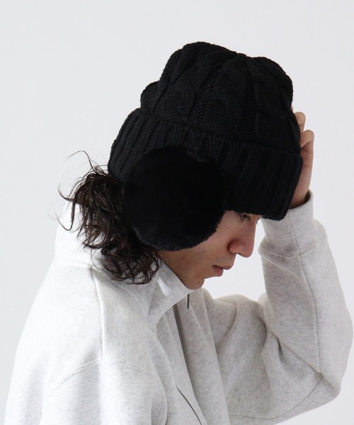 セール】TESTIFY ファー耳付きケーブルニットキャップ / Cable Fur Ear