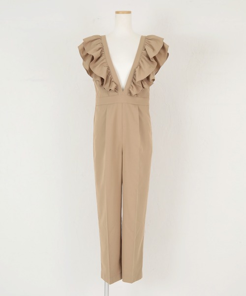 フリルデザインブラウンオールインワン フリルサッシュ付オールインワン フリルデザインオールインワン | titivate