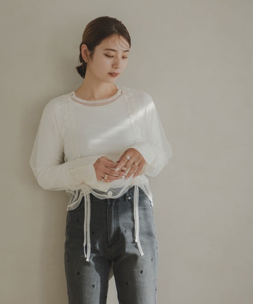 rectangle(レクタングル)の「ダブルシャーリングチュールトップス(Tシャツ/カットソー・レディース・アイボリー/ブラック・FREE)」の4枚目の写真