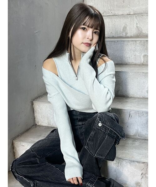 MURUA（ムルーア）の「カシュクールハーフジップトップス（ニット/セーター・レディース・ベージュ/ブルー/ブラック・FREE）」の7枚目の写真