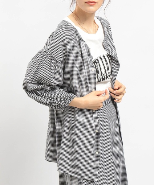 GLOBAL WORK Smile Seed Store（グローバルワーク スマイルシードストア）の「リネン混袖ボリュームブラウス/180953（シャツ/ブラウス・レディース・ラベンダー/チャコール/ブラック/ホワイト系その他/チェック/セージグリーン・LARGE/SMALL/MEDIUM）」の6枚目の写真