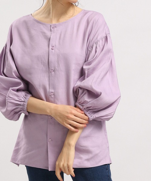 GLOBAL WORK Smile Seed Store（グローバルワーク スマイルシードストア）の「リネン混袖ボリュームブラウス/180953（シャツ/ブラウス・レディース・ラベンダー/チャコール/ブラック/ホワイト系その他/チェック/セージグリーン・LARGE/SMALL/MEDIUM）」の5枚目の写真